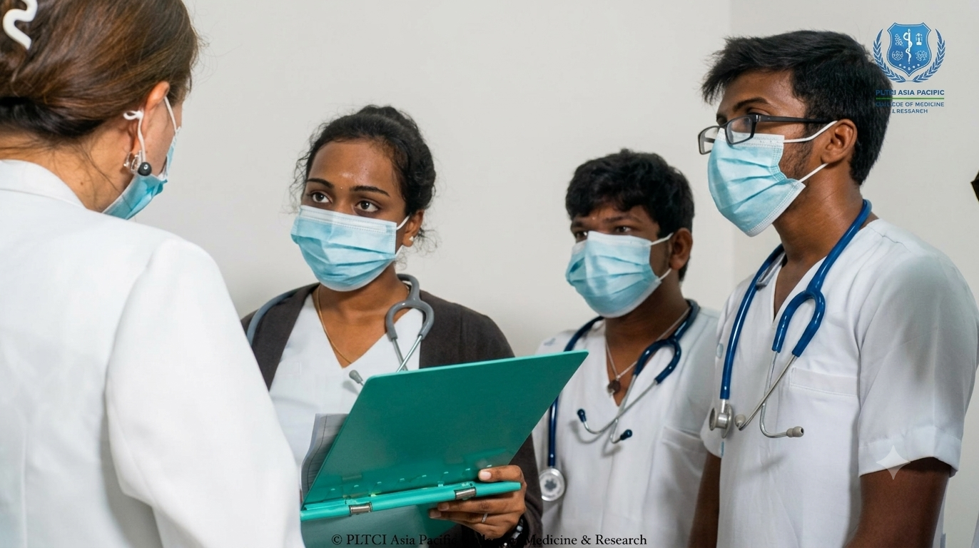 Indian medical students studying together with books on the campus desks